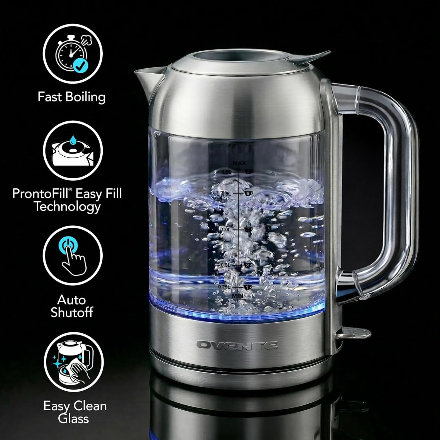 OVENTE Electric Kettle, 1.8L Glass Kettle Stainless Steel Base Water Boiler Electric with Acrylic Handle, 1500W Fast Boil Electric Kettle, Easy Fill Lid, Auto Shut-Off, Silver KG921S
