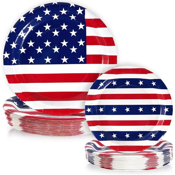 50 Pcs American Flag Patriotic Party Supplies, Red White and Blue Paper Plates, 7" & 9" Disposable Dinner Dessert Tableware Set for Veterans Day Election Day 4th of July Independence Day Decorations