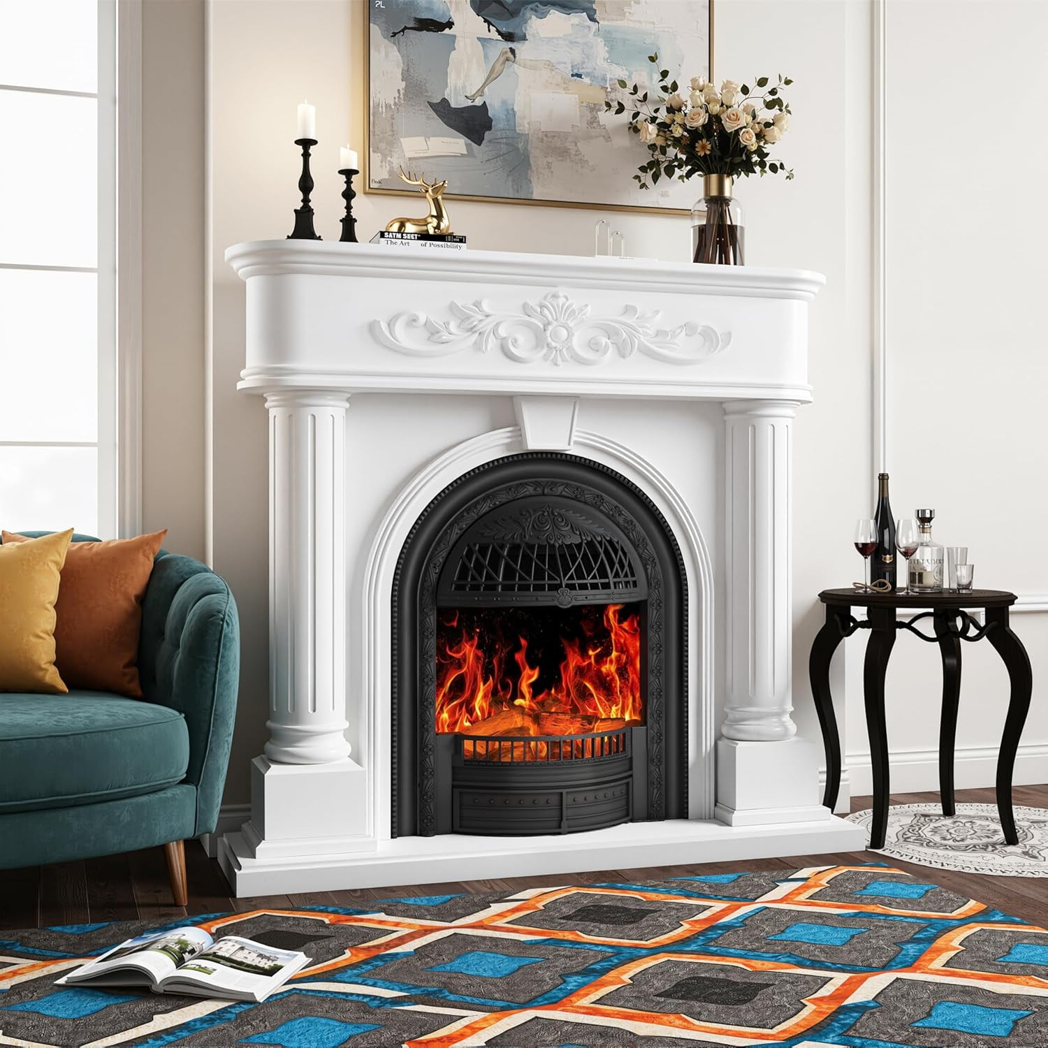 BOSHIRO 50” Electric Fireplace with Mantel, Solid Wood Roman Column TV Stand with Birdcage Heater Insert, Fireplace for Living Room, Bedroom & Entryway