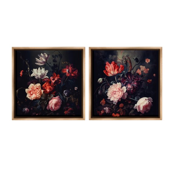 Stupell Industries Vintage Bouquet on Black Botanical & Floral Photography Brown Floater Framed Canvas Art Print Wall Art, 25 x 25, Set of 2