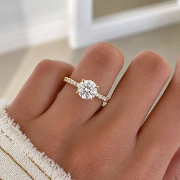 vylahjewellery Brilliant Round Cut Diamond Engagement Ring in 14K Vermeil Yellow Gold Pavé Solitaire Moissanite Wedding Ring for Women