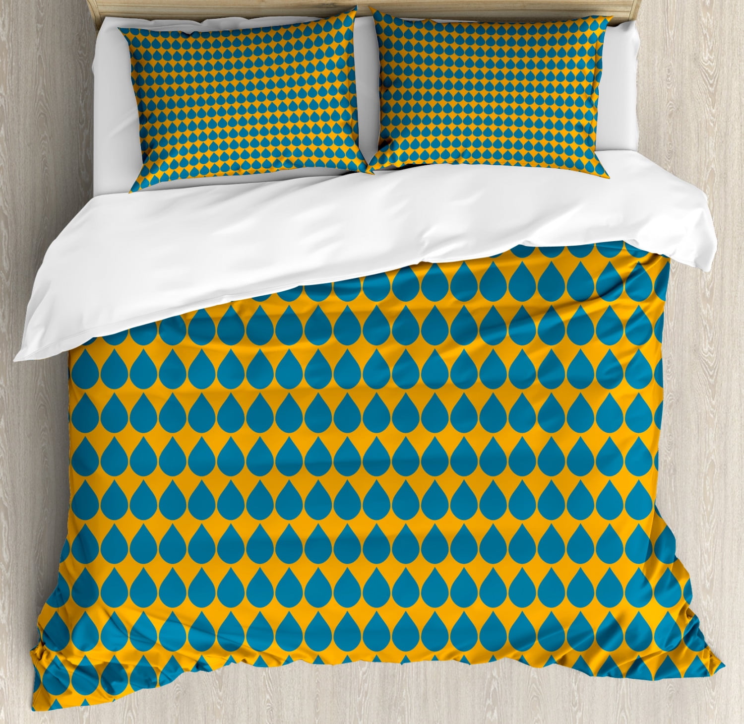 Blue and Orange Queen Size Duvet Cover Set, Water Droplet Pattern with