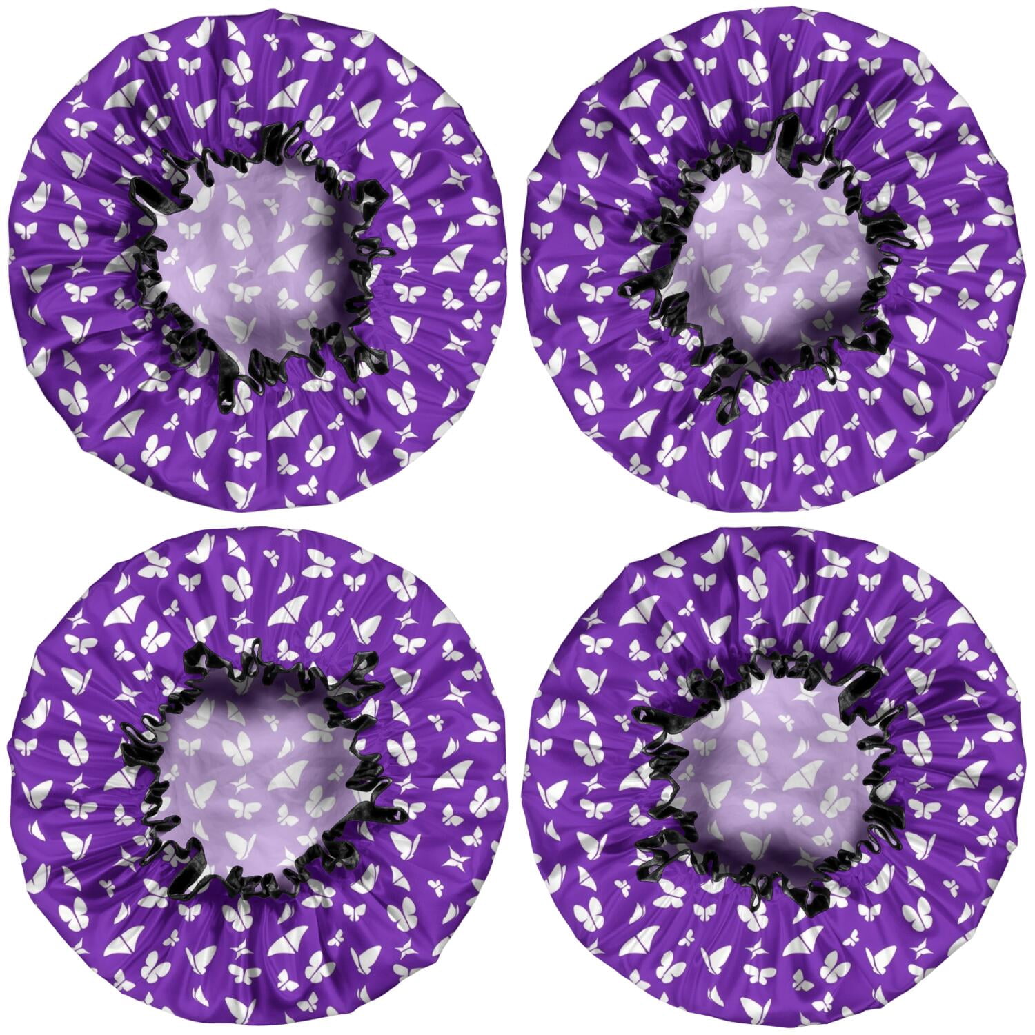 Shower Caps,Purple White Butterfly Pattern Waterproof Shower Cap for Women 4 Pieces,Double Reusable Hair Cover for Shower PEVA Elastic Stretch Hem