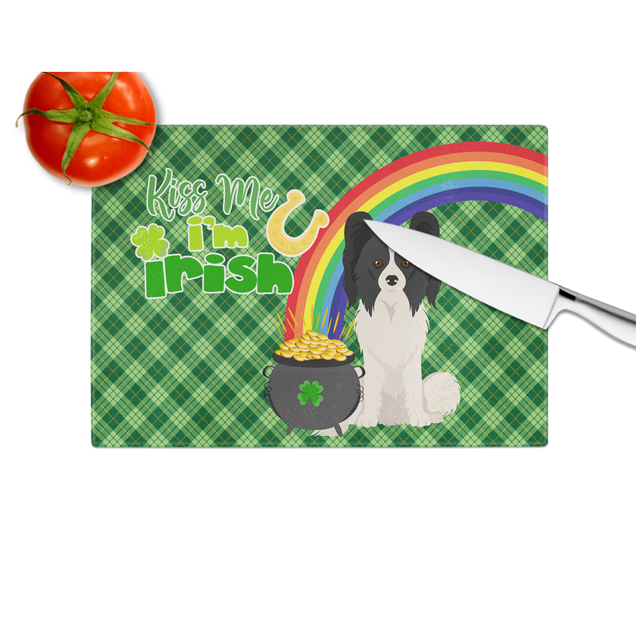 Black and White Papillon St. Patrick's Day Glass Cutting Board Large 12 in x 15 in