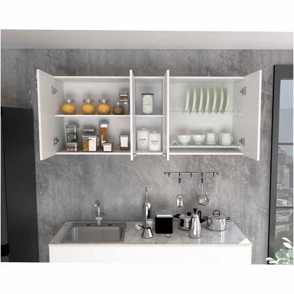 JERFIT White Double Door Wall Cabinet with Dish Rack, Modern Kitchen Storage Cupboard with Metal Handles, White Finish Particle Board