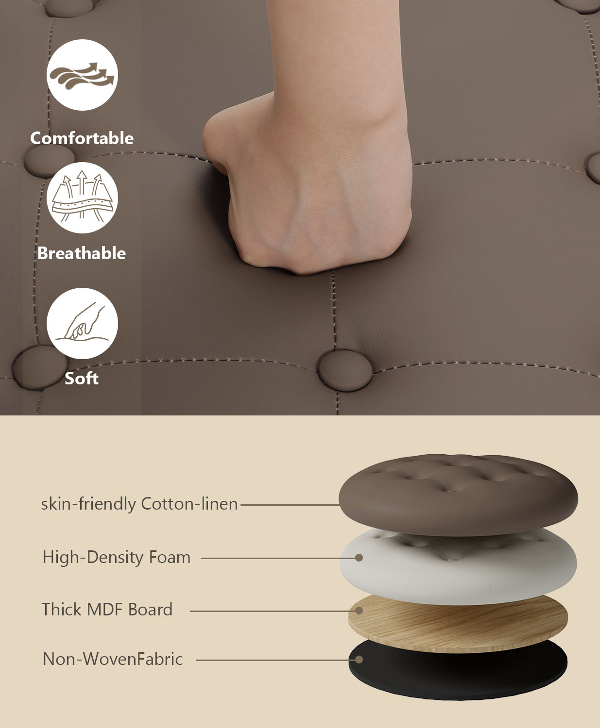 OSM Ottoman,Round Leather Foot Rest Stool, Upholstered Large Ottoman Chair with Storage for Living Room & Bedroom, Decorative Home Furniture, Brown