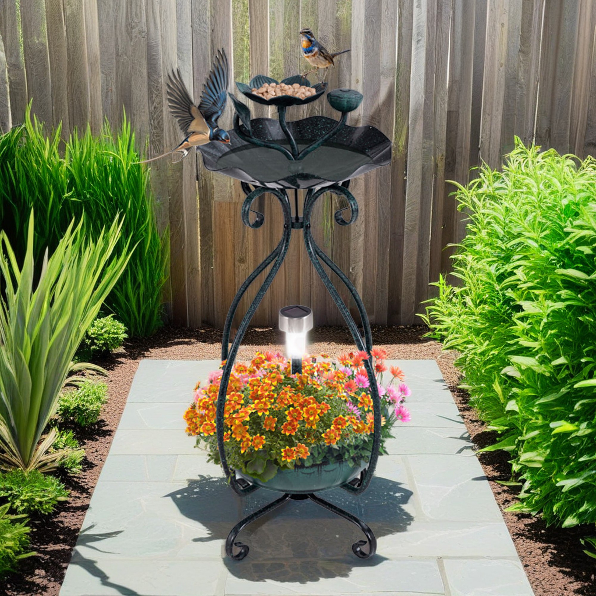 resenkos 31" Outdoor Pedestal Garden Bird Bath with Solar Light, Bird Feeder and Flower Planter, Standing Lotus Leaf Bowl Birdbath, Green