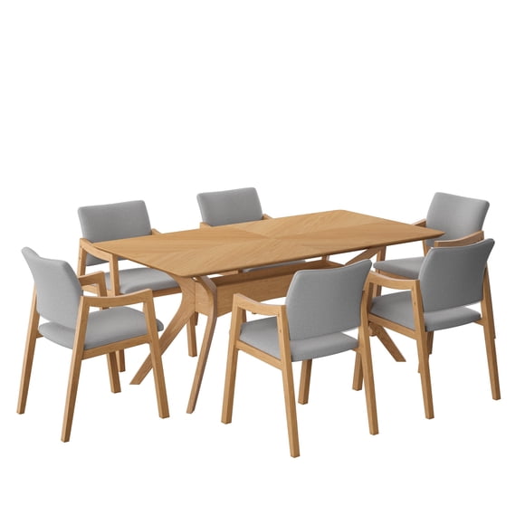 Juego de Comedor de Madera con 6 Sillas Tapizadas para 6 Personas, Mesa y Sillas para Comedor y Cocina, Midtown Concept Ibiza, Roble y Gris Claro