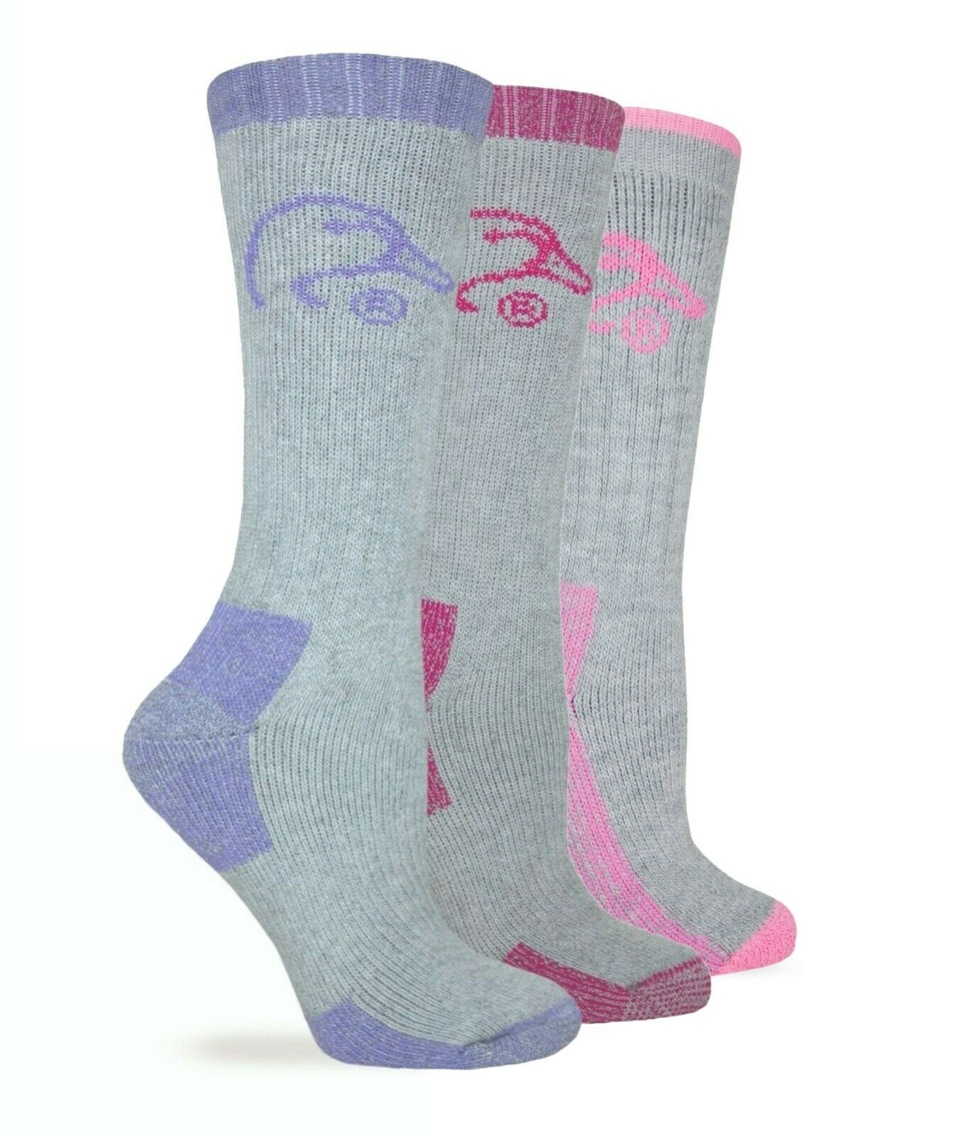 Realtree Womens Full Cushion Merino Wool Camo Pattern Crew Socks 4 Pair Pack Pink/Purple Camo and Grey, Womens Shoe Size 6-9 - Sock Size Medium 