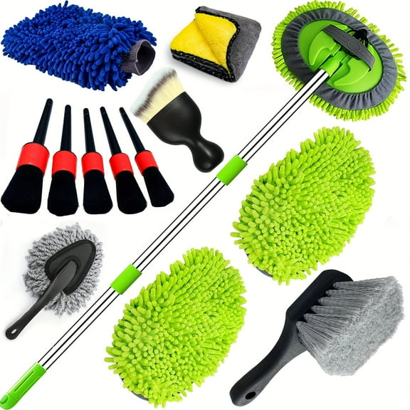48 Inch Long Handle Car Wash Brush | 2-in-1 Ultrafine Fiber Sponge Duster with 2 Mop Heads | 5pcs Car Beauty Brush Set for Cars, Trucks & RVs | Complete Cleaning Kit with Wheel Brush & Gloves