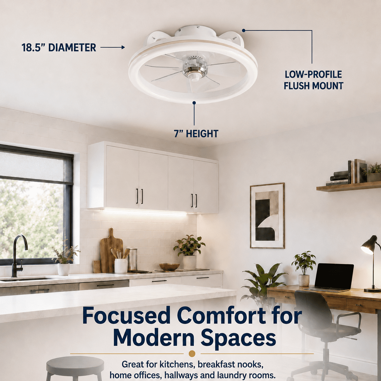 Mainstays 18-Inch White Low-Profile DC Ceiling Fan with Integrated LED Light, Remote Control, 6 Speeds