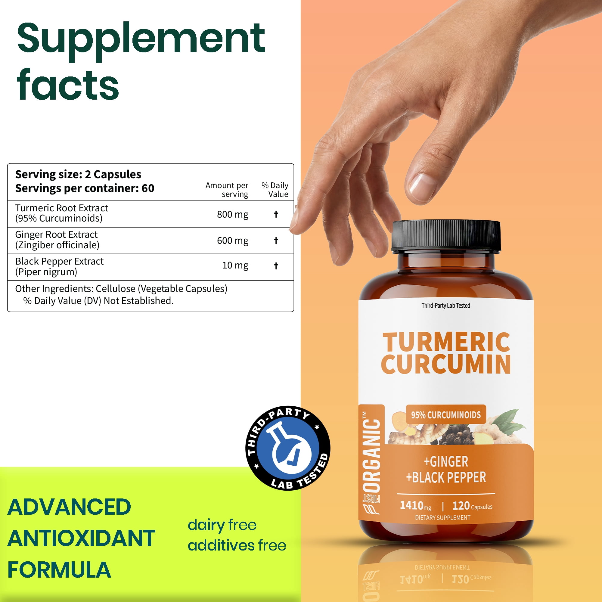 Turmeric Curcumin Wellness Complex, 1410mg – 60 Capsules with Ginger & Black Pepper for Enhanced Absorption, Third-Party Tested
