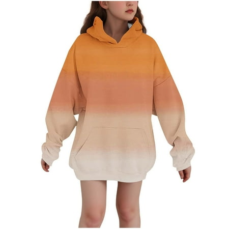 SERTG Kids Winter Top Gradient Glitter Casual Printed Hoodie Long Sleeves with Pockets Hoodie Top for Children 3-14 Years(Orange 13-14 Years)