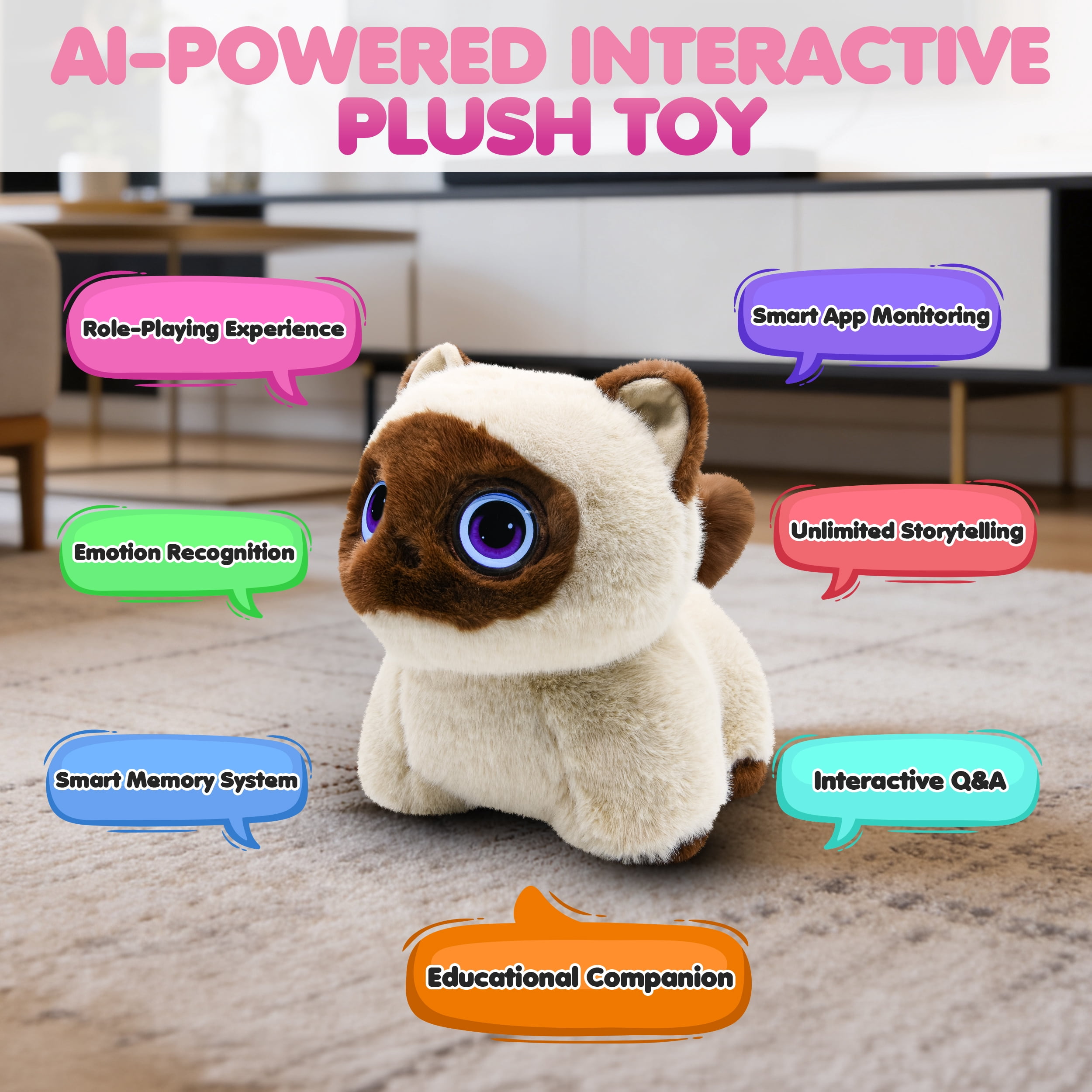AI Pixie Paw Smart Interactive Plush Cat Voice Responsive Touch Activated Expressive Eyes AI Companion Stuffed Animal for Kids and Pet Lovers, Brown