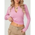 thumbnail image 4 of Lamuusaa Womenacute;s Spring Autumn Knit T-shirt Long Sleeve Solid Color Button Up Ribbed Tops, 4 of 7