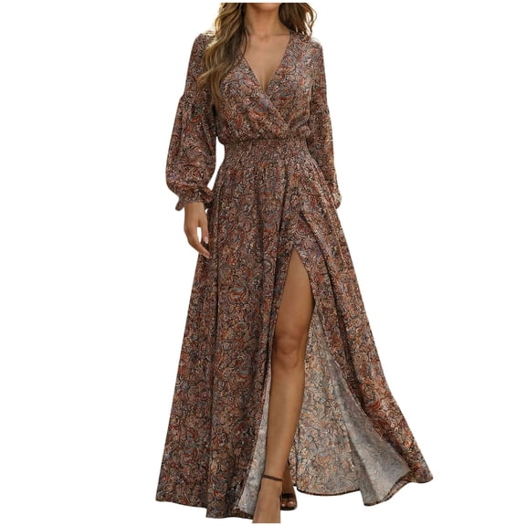MOJOGO Women's Floral Dresses Wrap V-Neck Dresses with High Slit Lightweight Flowy Maxi Dress Spring Summer Beach Vacation Party Outfits XL