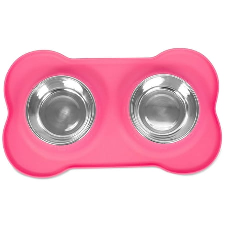 Internet's Best Bone Dog Bowl Set | Double Stainless Steel Pet Food Water Bowls | No Spill Silicone Stand | Small Pets |