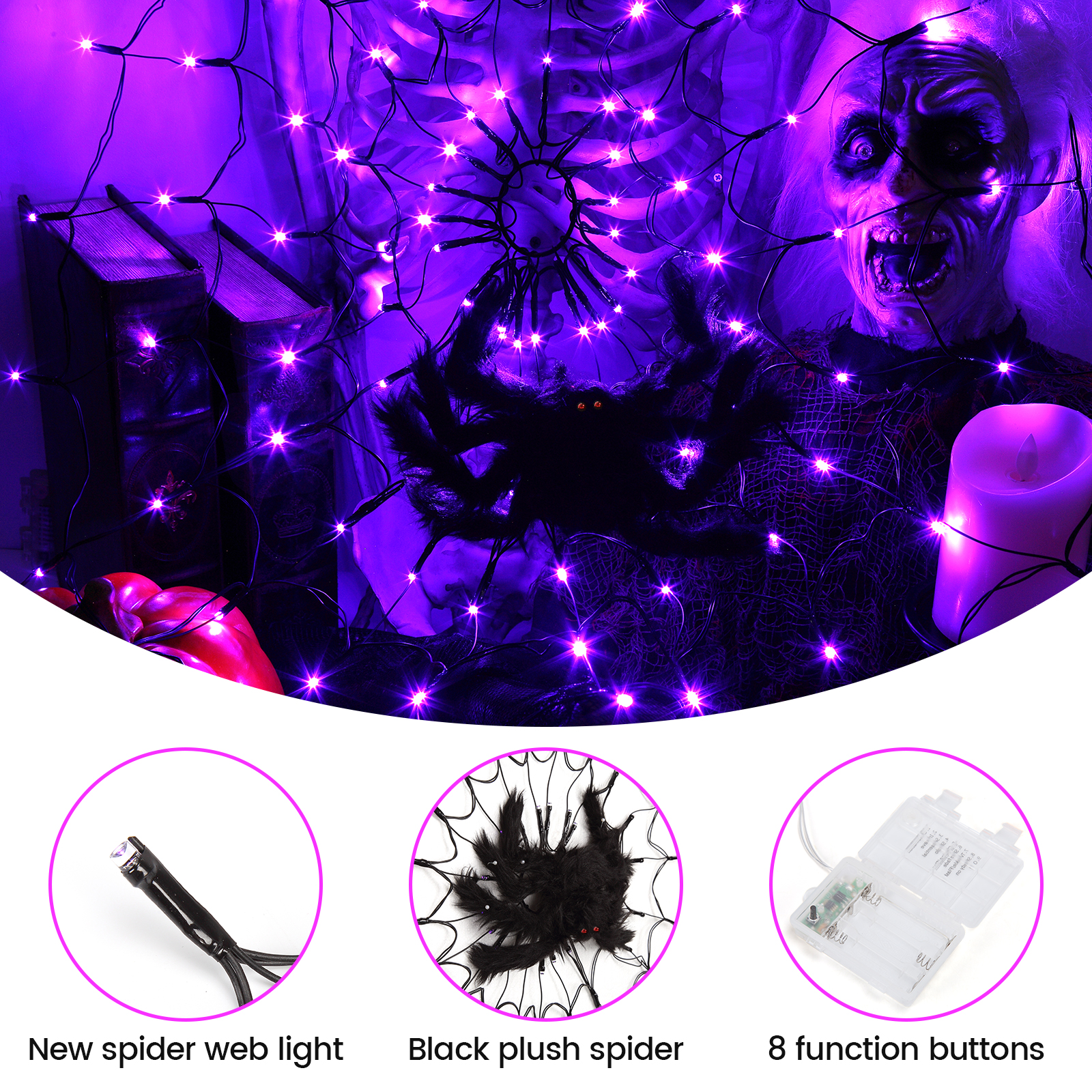 Sakiyr Halloween Spider Web Lights, 2.5FT Purple LED Spider Web with 8 Lighting Modes for Party Decoration - image 2 of 8