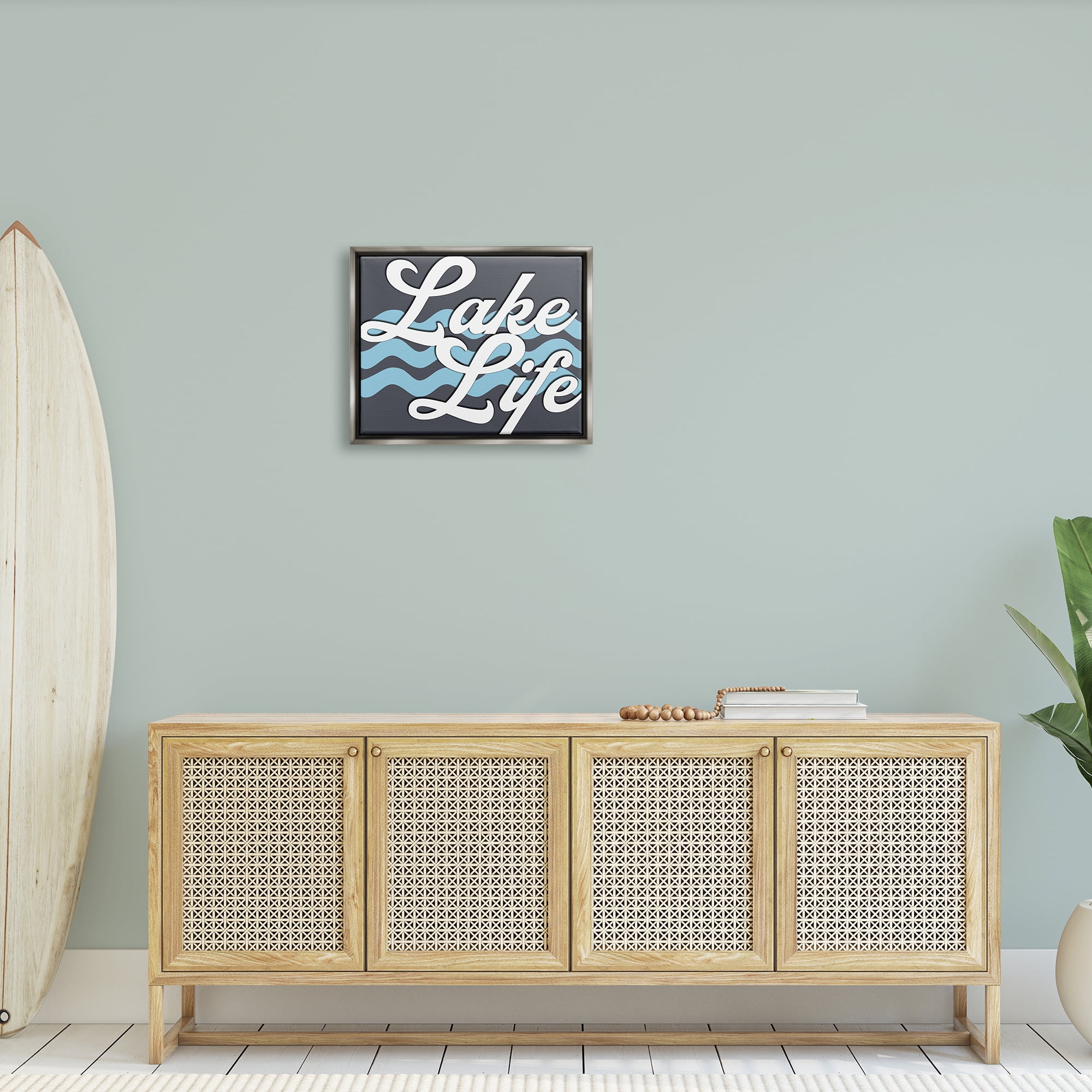 Stupell Lake Life Water Waves Phrase Landscape Painting Gray Floater Framed Art Print Wall Art