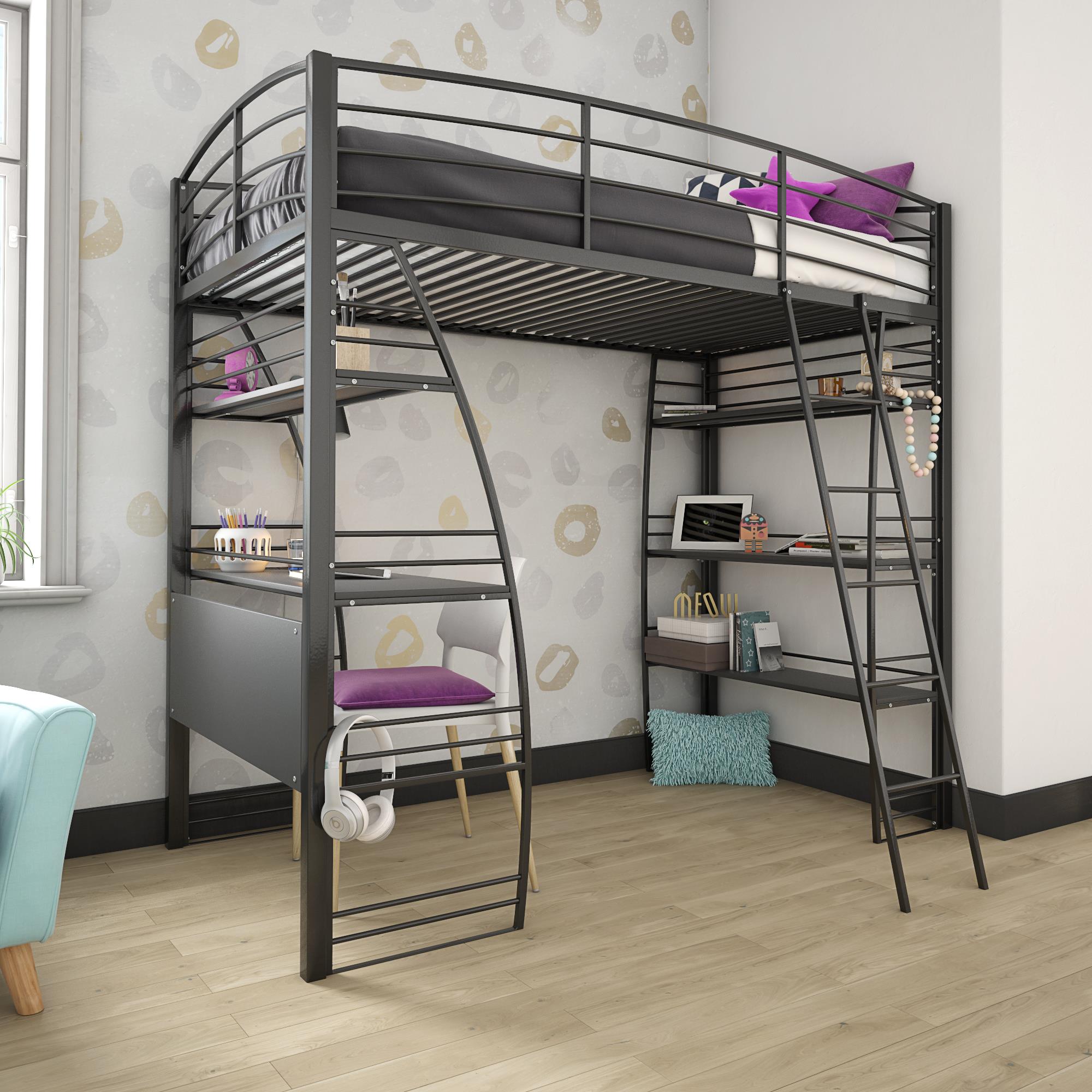 DHP Studio Twin Loft Bed with Integrated Desk and Shelves, Black
