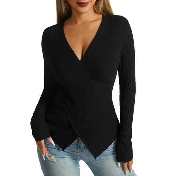 XuJwPNcy Women's V Neck Wrap Sweaters Cross Long Sleeve Ribbed Knit Tops Slim Solid Color Fall Sweater