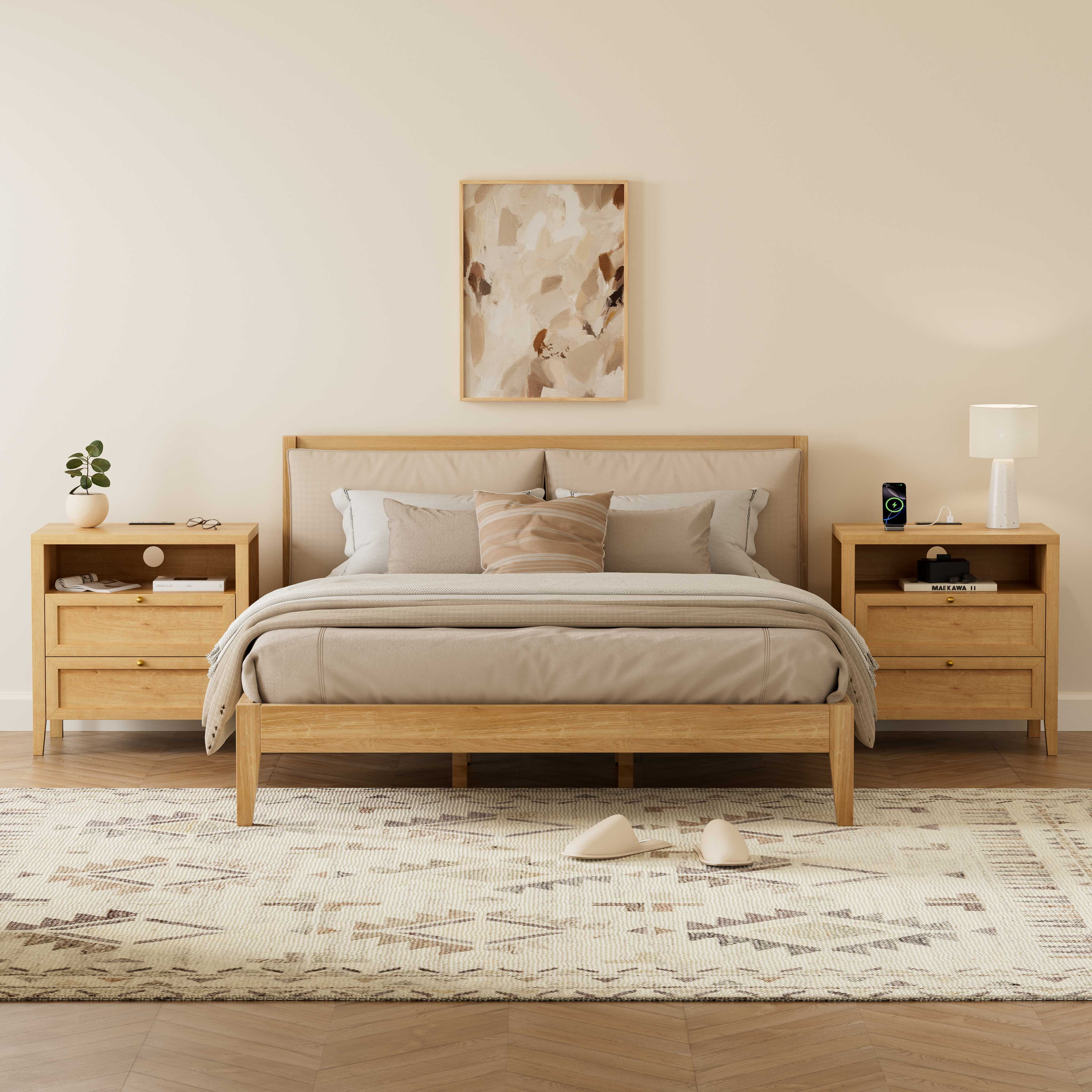Joyyskill Farmhouse End Table with 2 Drawers, Wooden Nightstand with Open Storage Cable Hole Freestanding Wide Bedside Table for Bedroom Living Room Sofa, Natural Oak