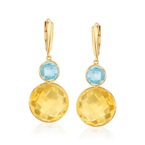 Ross-Simons 20.00 ct. t.w. Citrine and 4.00 ct. t.w. Sky Blue Topaz Drop Earrings in 14kt Yellow Gold, Women's, Adult