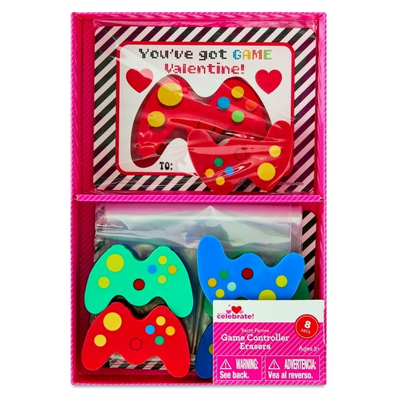 Classroom Exchange Cards with Game Controller Eraser Party Favors, Multicolor, 8 Count, Valentine's Day by Way To Celebrate