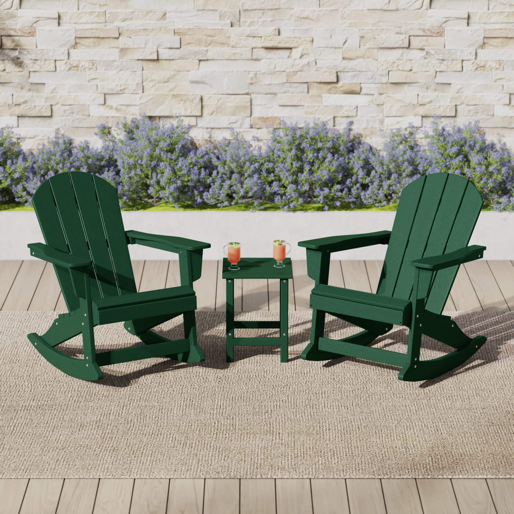 WestinTrends Malibu 3 Piece Outdoor Rocking Chair Set, All Weather Poly Lumber Porch Patio Adirondack Rocking Chair Set of 2 with Side Table, Dark Green