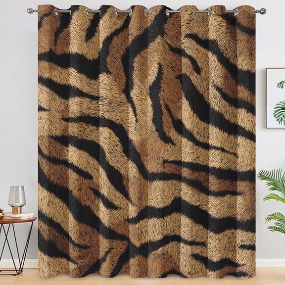 Black Brown Tiger Skin Curtains for Living Room, Thermal Insulated Tiger Stripe Blackout Curtains, Grommet Drapes Window, Wild Animal Print Bedroom Decor 26"W x 63"L (Pack of 2)
