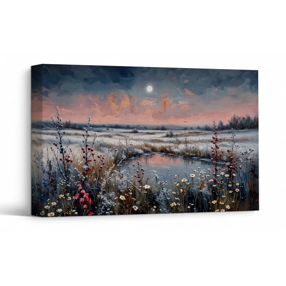 Frosted Wildflower Pond Canvas Wall Art, Winter Dusk Wall Decor, Moody Botanical Theme Print Painting Pictures, Home Artwork Decor for Dining Room Living Room 30"*20"