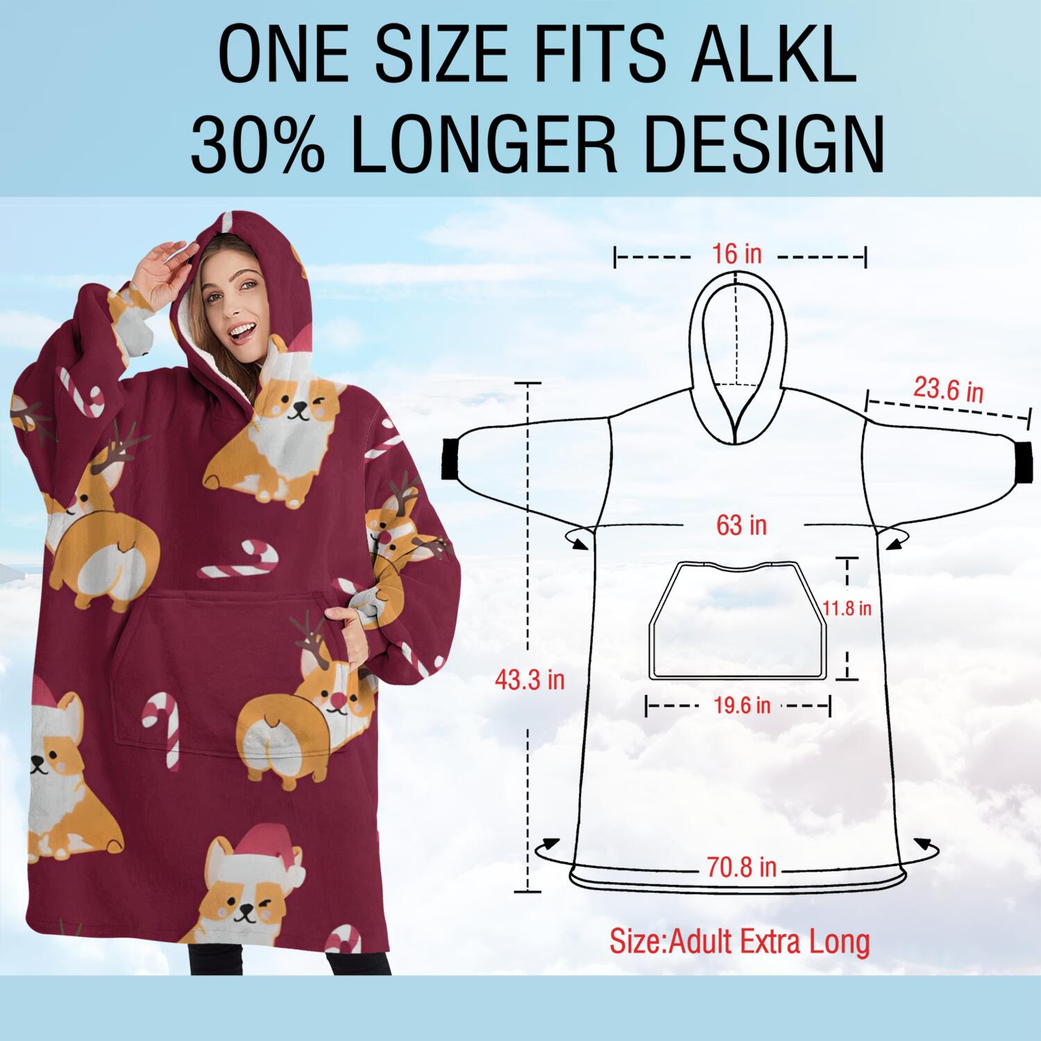 Oversized Wearable Blanket Hoodie,Christmas Corgi Sherpa Blanket Hoodie with Super Pockets,Super Warm Fuzzy Pullover for Women & Men