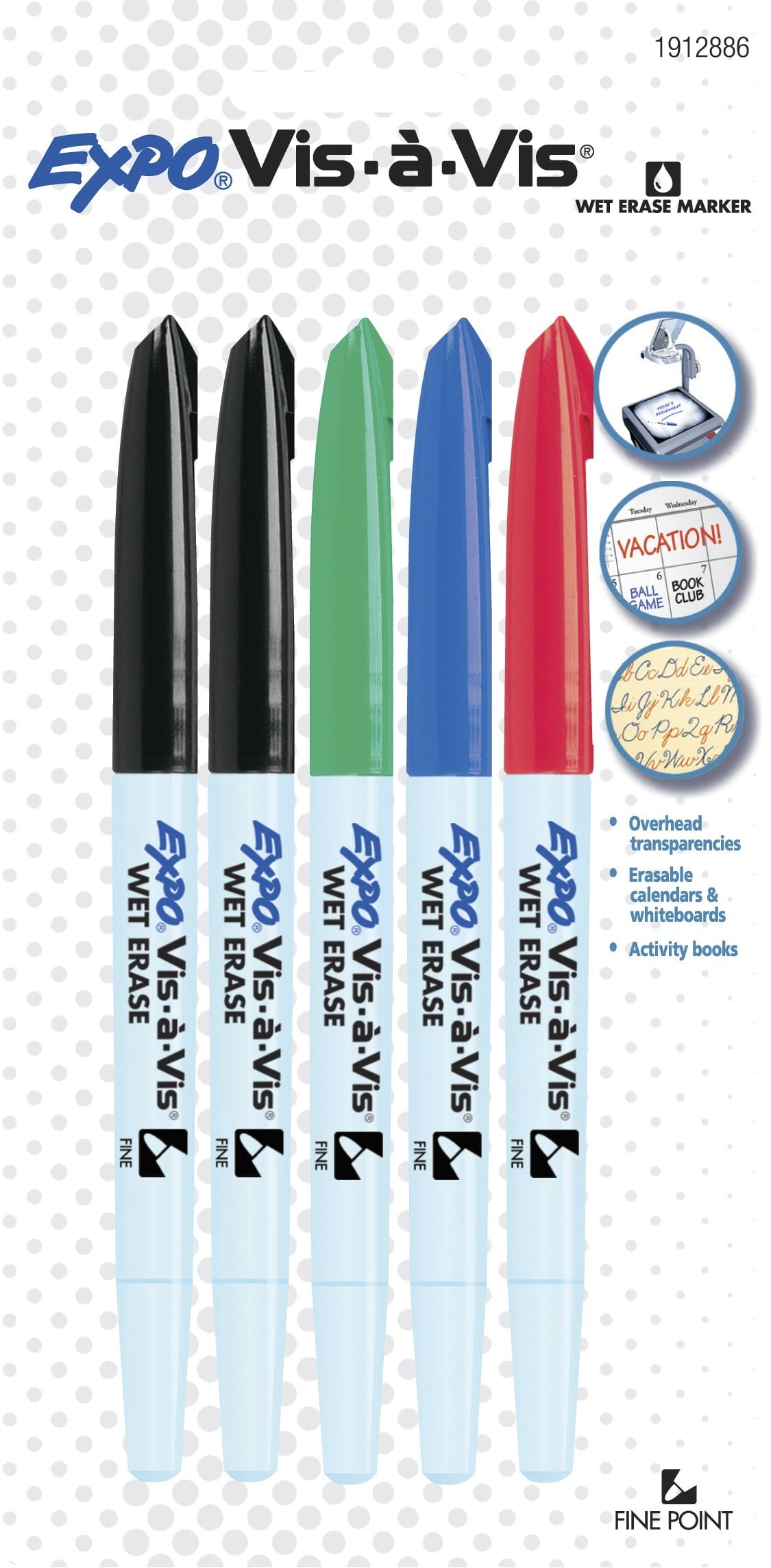 ExpoÂ® Vis-a-Vis Wet Erase Marker Set, Fine Tip, Assorted Colors, 5 Count