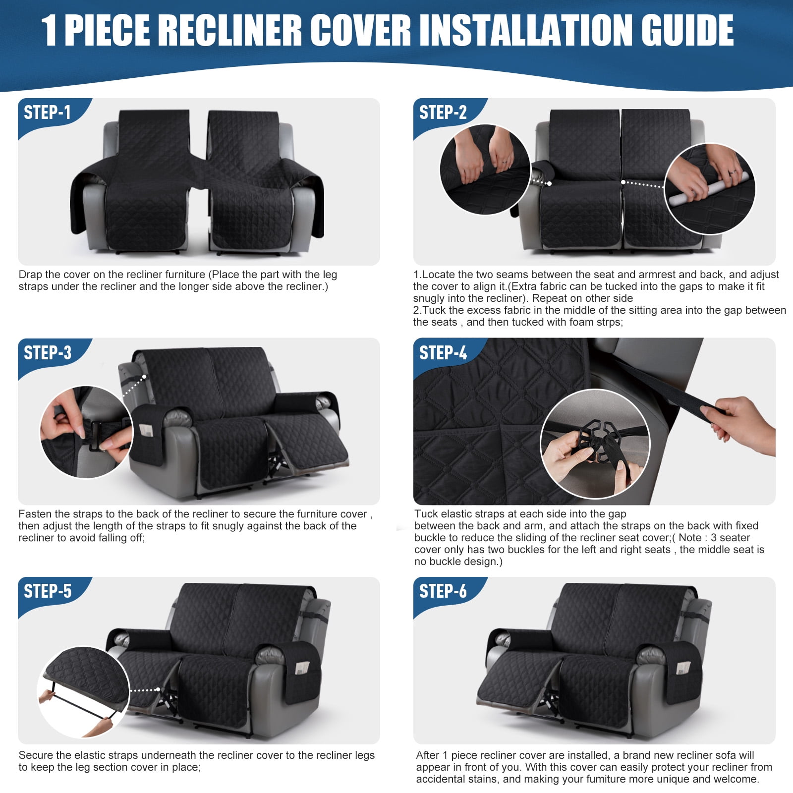Timeles Waterproof Recliner Covers Loveseat Recliner Sofa Covers with Leg Straps Reversible Recliner Couch Cover for 2 Seat Reclining Chair Washable Couch Protector for Pets Kids (Black)