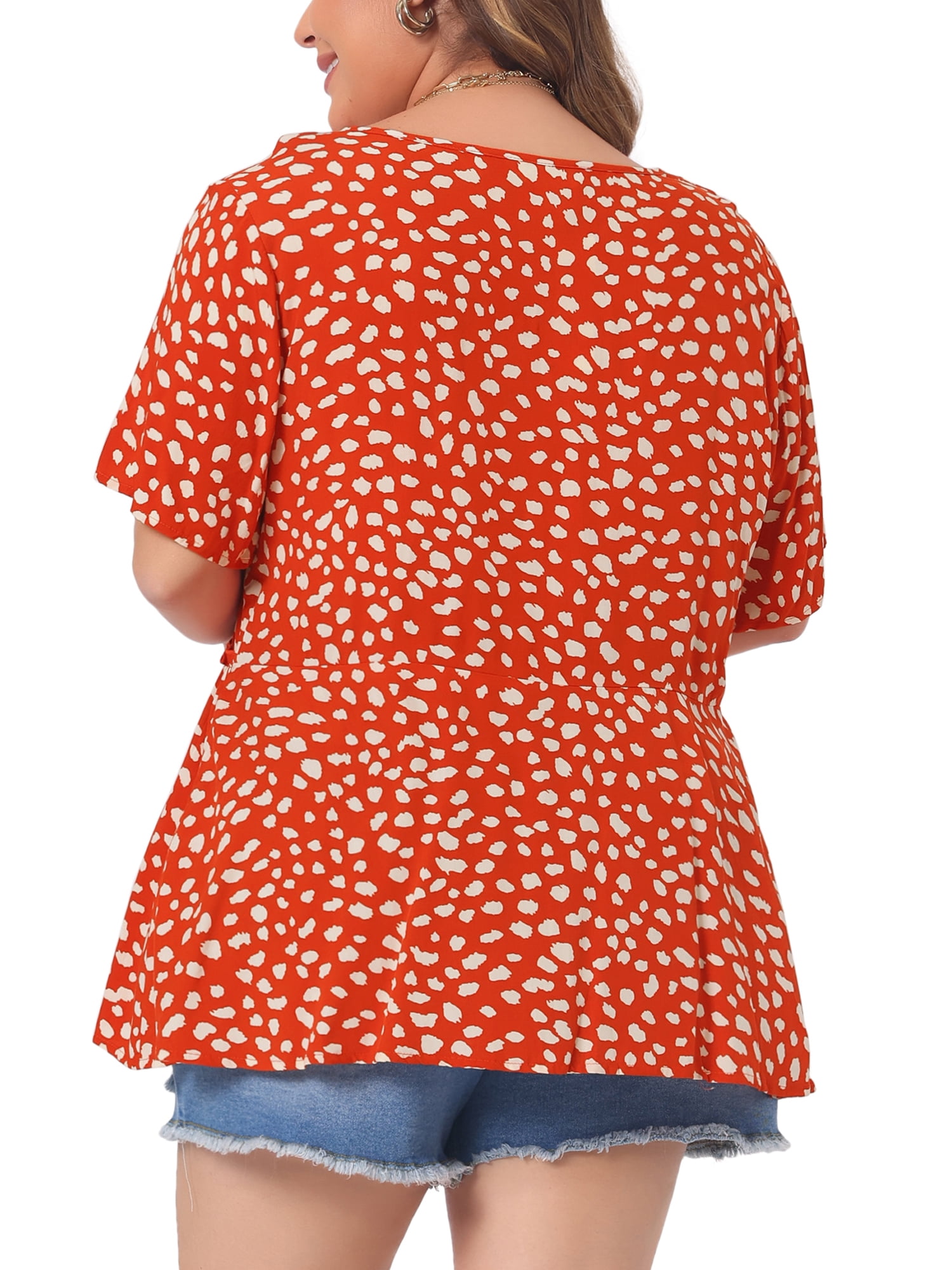 DARING DIVA Women's Plus Polka Dots Crew Neck Peplum Blouse 3X Orange