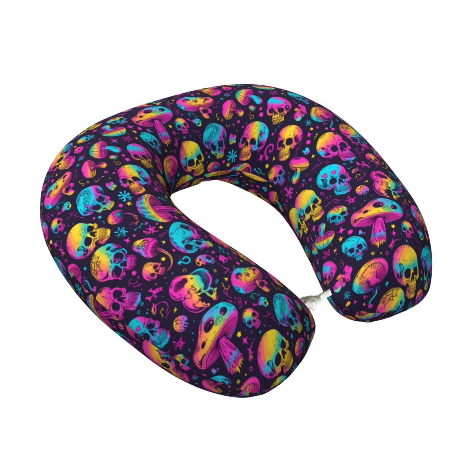 Xecao rainbow color mushroom Skull Print Memory Foam Cervical Neck Pillow Versatile U-Shaped Pillows for Home,Office,Camping,Travelling,Soft Washable Cover