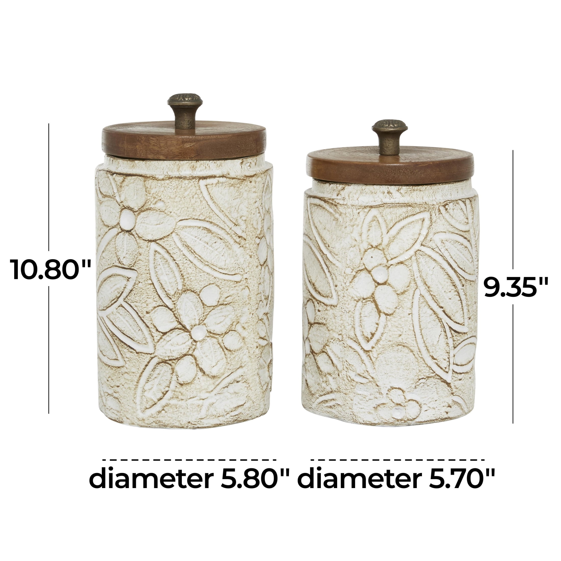 DecMode 9", 11"H White Ceramic Floral Handmade Intricately Carved Decorative Jars with Wood Lids, 2-Pieces