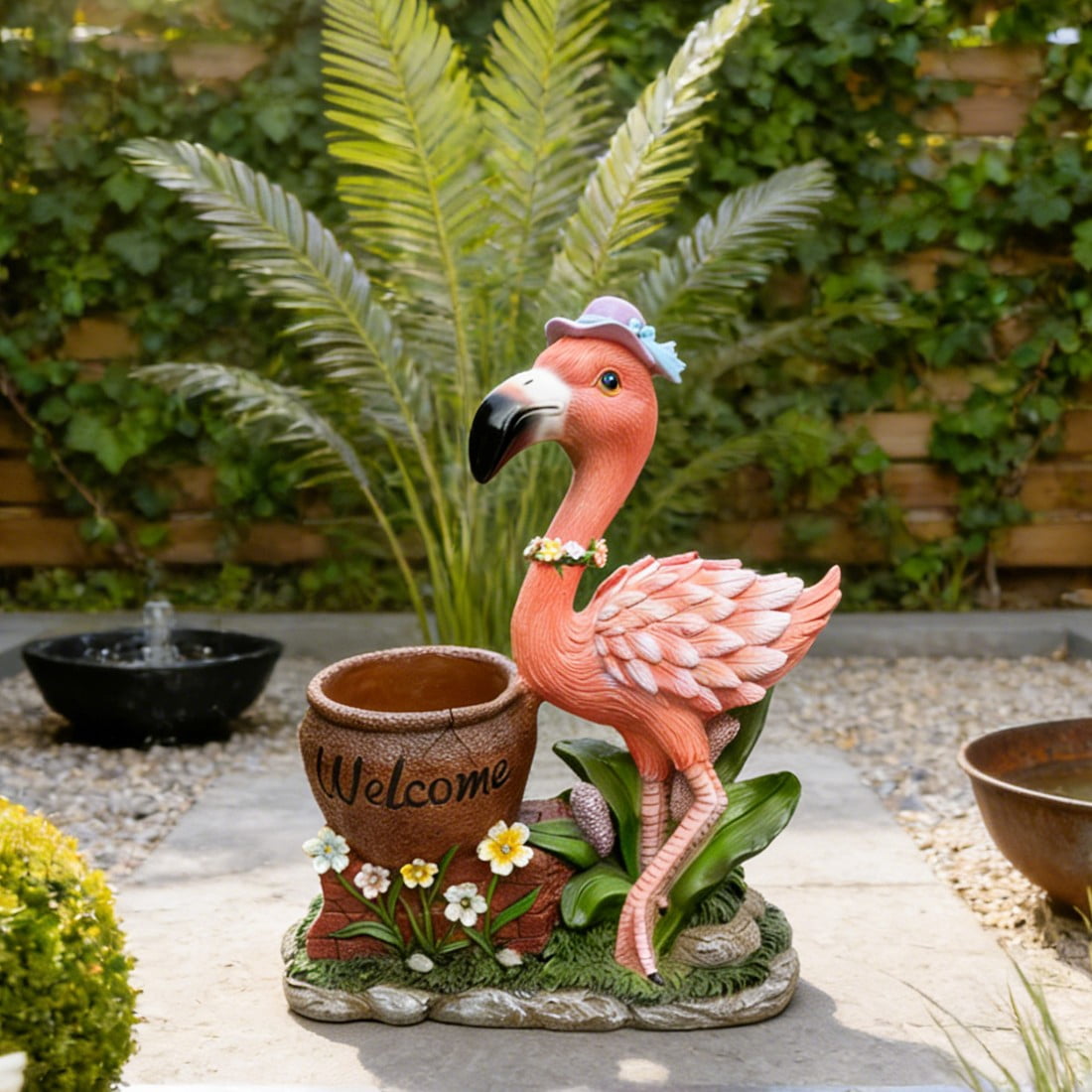 Flamingo Planter Statue with Top Hat and Bowtie Resin Garden Decor Flower Pot with Welcome Sign Outdoor Indoor Patio Porch Accent