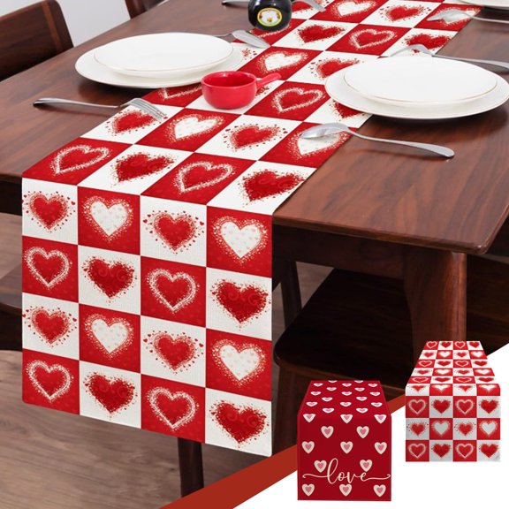 Kedshhgu Valentine's Day Heart Love Table Runner, Red White Happy Valentine's Day Seasonal Anniversary Wedding Holiday Kitchen Dining Table Decoration