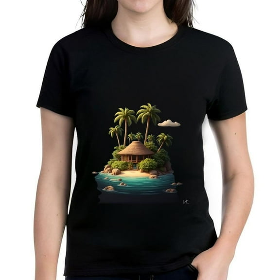 Women's Cotton Short Sleeve T-Shirt with Tropical Island Print - Relaxing Beach Scene Design Perfect for Summer Vibes