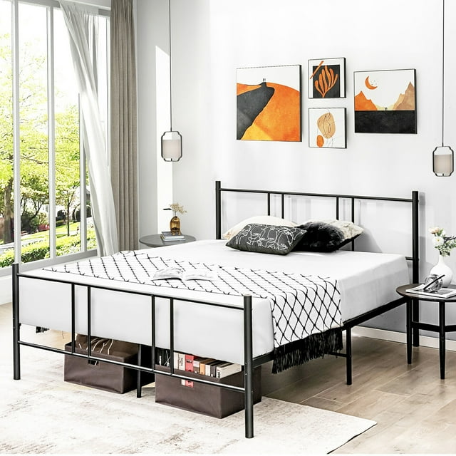 Gymax Lit Plateforme Format Grand avec Tête de Lit Base de Matelas Robuste Chambre