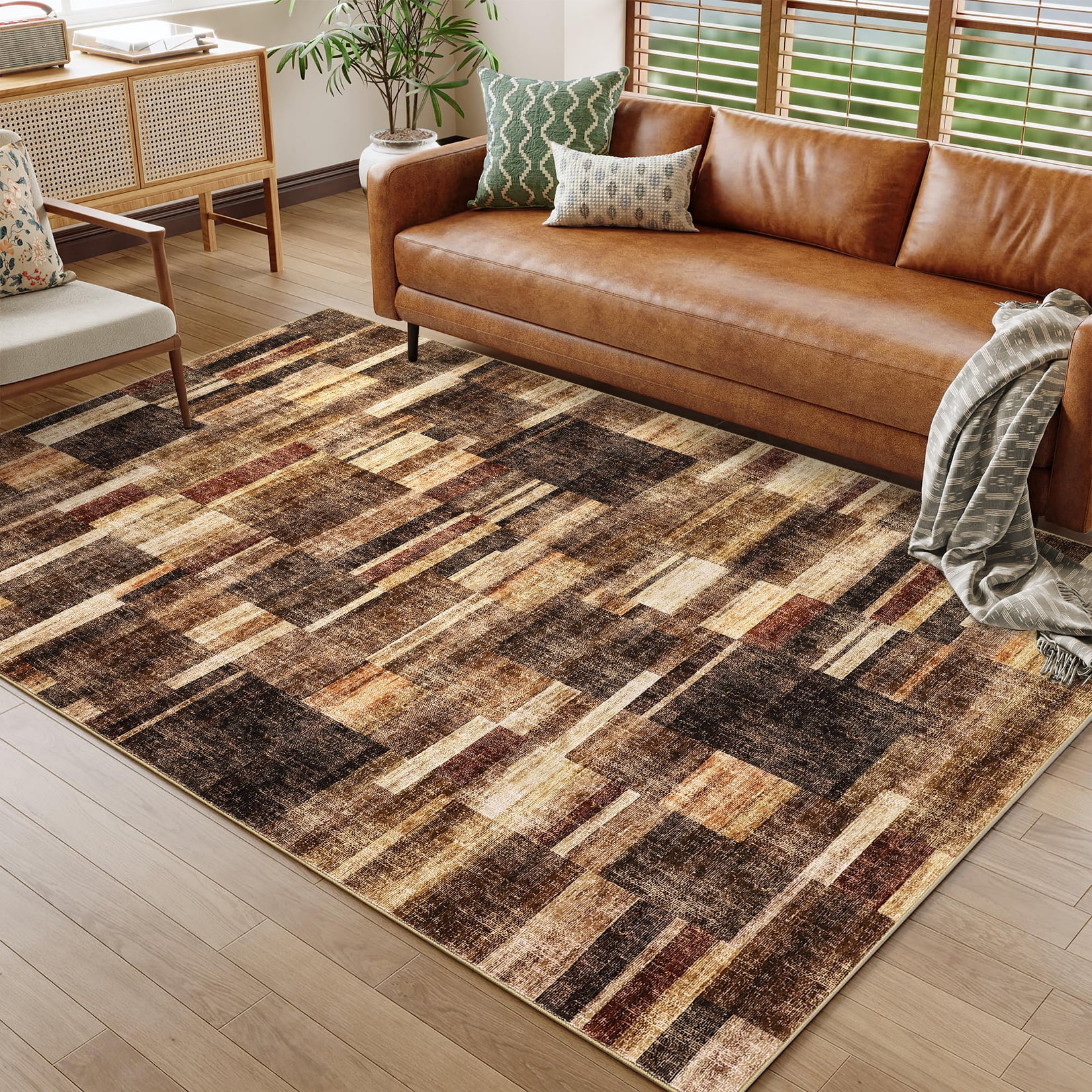 Garvee Geometric Area Rug 5x7 Modern Washable Rug for Living Room, Non-Slip Stain Resistant Indoor Carpet for Bedroom Dining Room Office, Brown