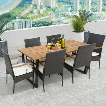 Costway 7-Piece Wicker Outdoor Patio Dining Set with Umbrella Hole, Brown