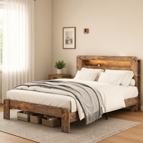 Queen Size Platform Bed Frame with Storage Headboard, LED Light & USB Charging, No Box Spring Needed, Noise Free, Under Bed Storage, Easy Assembly, Dark Brown