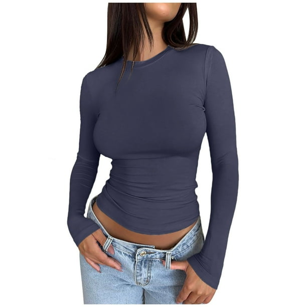 Camiseta corta de manga larga y corte ajustado para mujer: camiseta lisa de cuello redondo, camiseta básica para yoga y entrenamiento, ideal para llevar en otoño