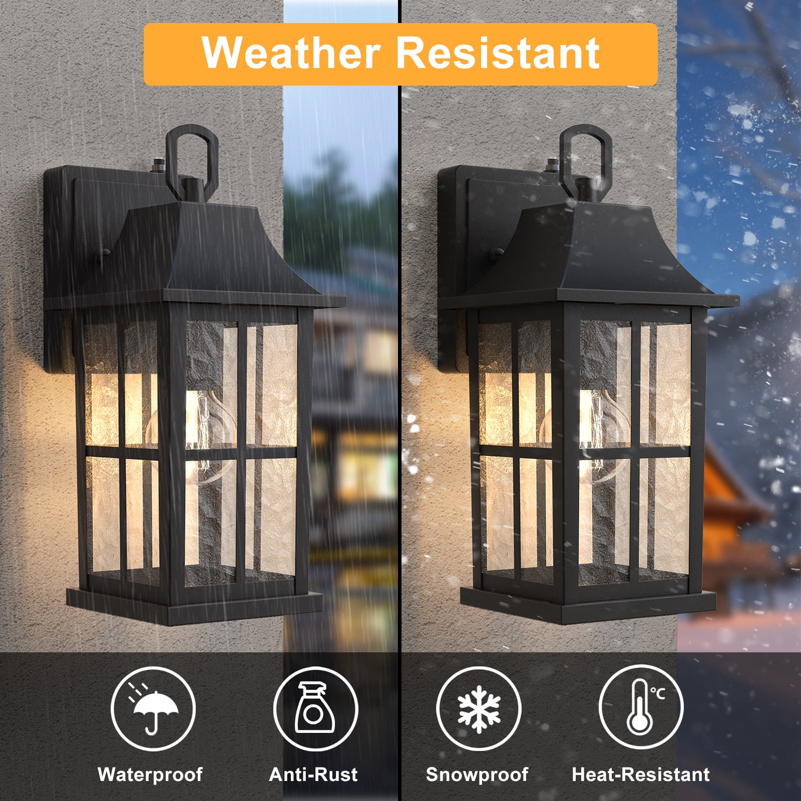 Maxax 2-Pack Black Outdoor Wall Lights, Waterproof Dusk-to-Dawn Exterior Wall Lanterns with Ripple Glass for Porch, Garage, Entryway, Patio