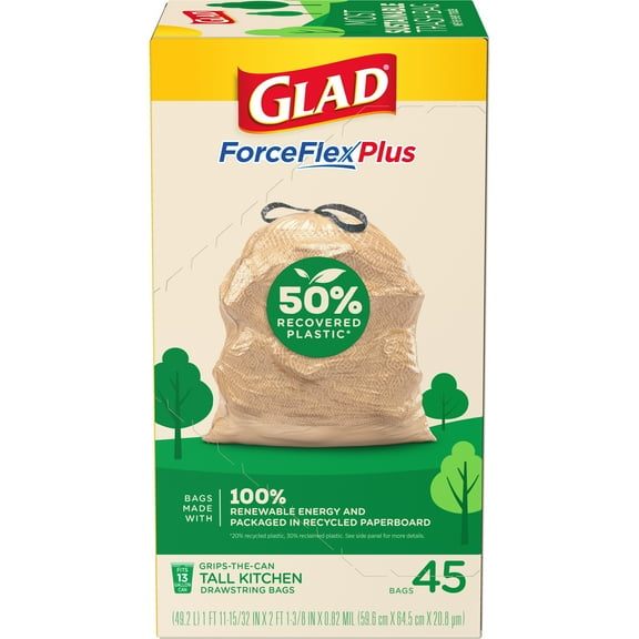 Glad ForceFlexPlus Tall Kitchen Drawstring Bags, 13 Gallon Trash Bags, 50% Recovered Plastic, Made with 100% Renewable Energy and Recycled Paperboard Packaging, 45 Count