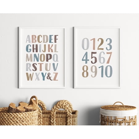 Neutral ABC Wall Art Print Set Of 2 With Montessori Toddler Playroom Decor