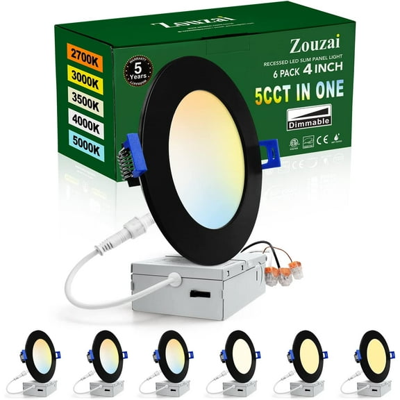 Osmanthus 6 Pack 4 Inch Black 5CCT Reset Ultra-Thin LED Recessed Ceiling Light with Junction Box, 2700K/3000K/3500K/4000K/5000K Selectable, 9W, Dimmable-ETL and Energy Star Certified