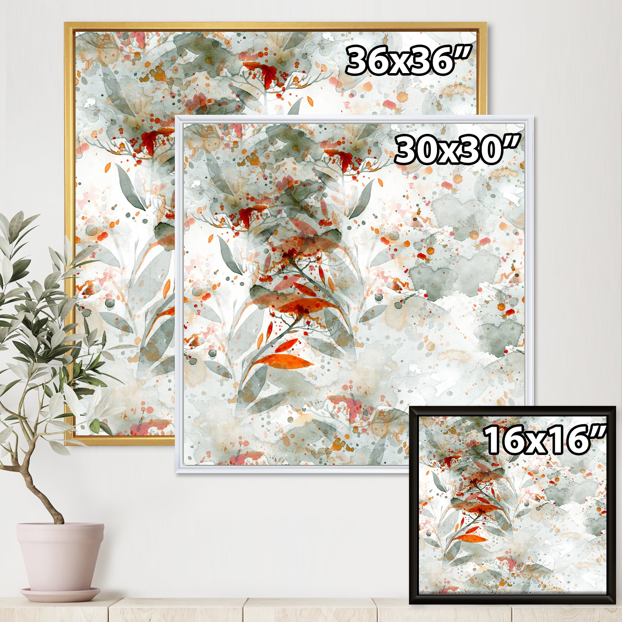 Designart 'Orange and Green Wildflowers II' Modern Framed Canvas Wall Art Print